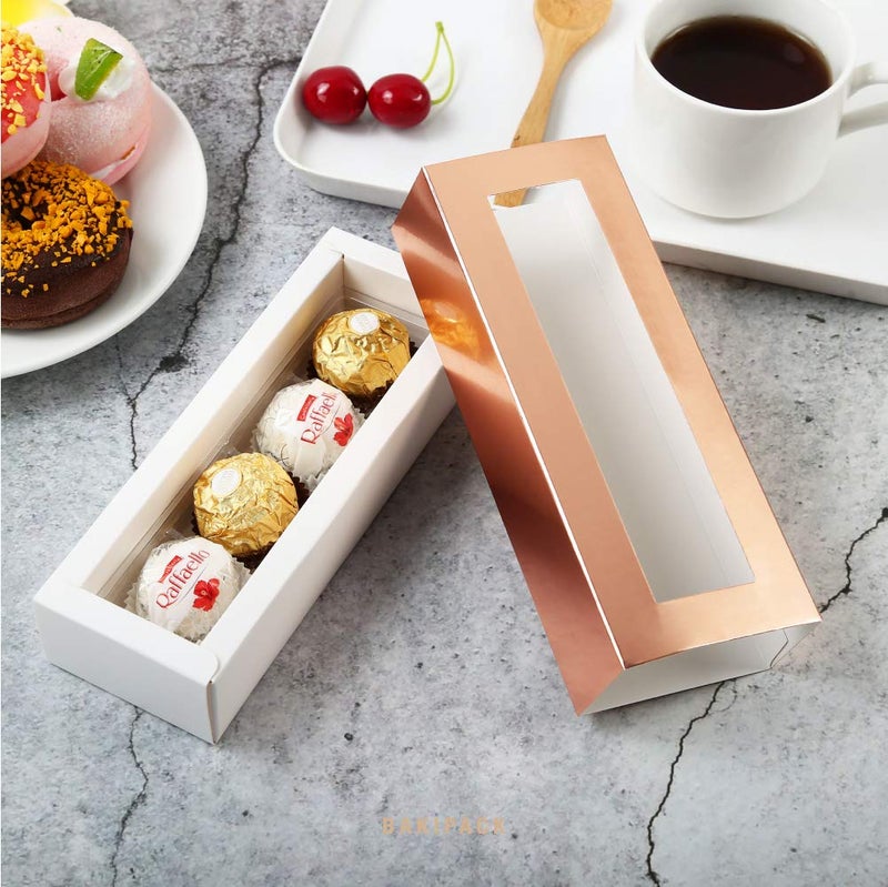 BAKIPACK 20 Rose Gold Truffle Box, Chocolate Box Packaging, Candy Boxes with 4-Piece Plastics Tray (Tray Size with 5.75x2.75 Inches), Pull Out Packing with Clear Window Sleeves - Image 2